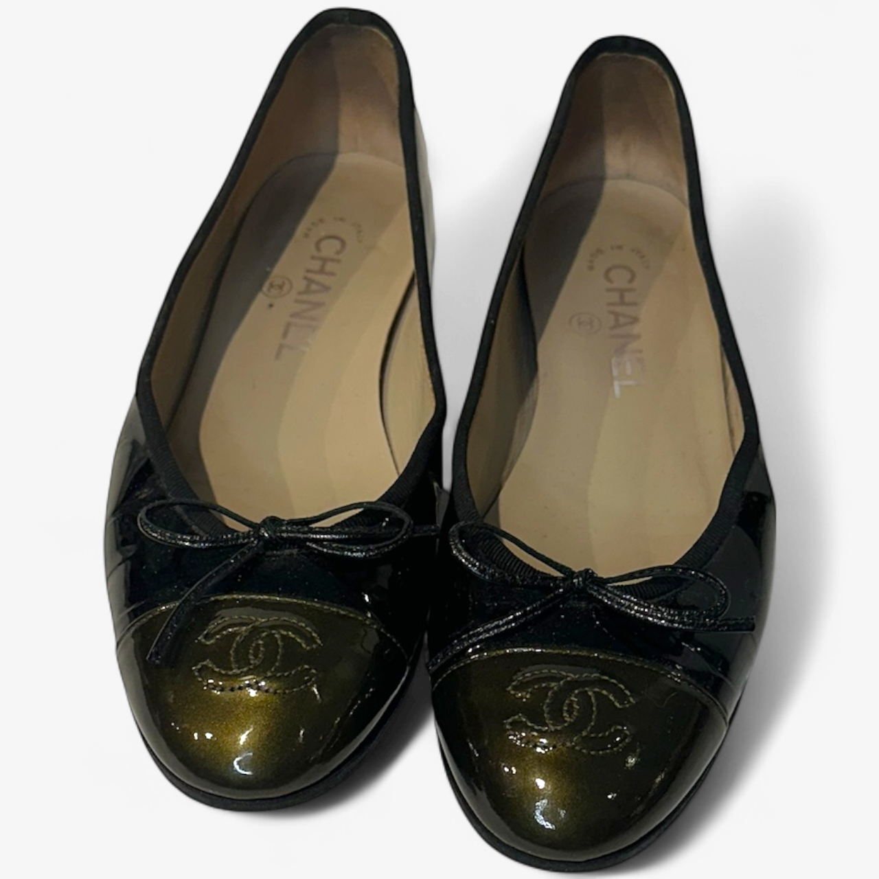 Chanel Ballet Flat - Olive Toe-Cap with Bow