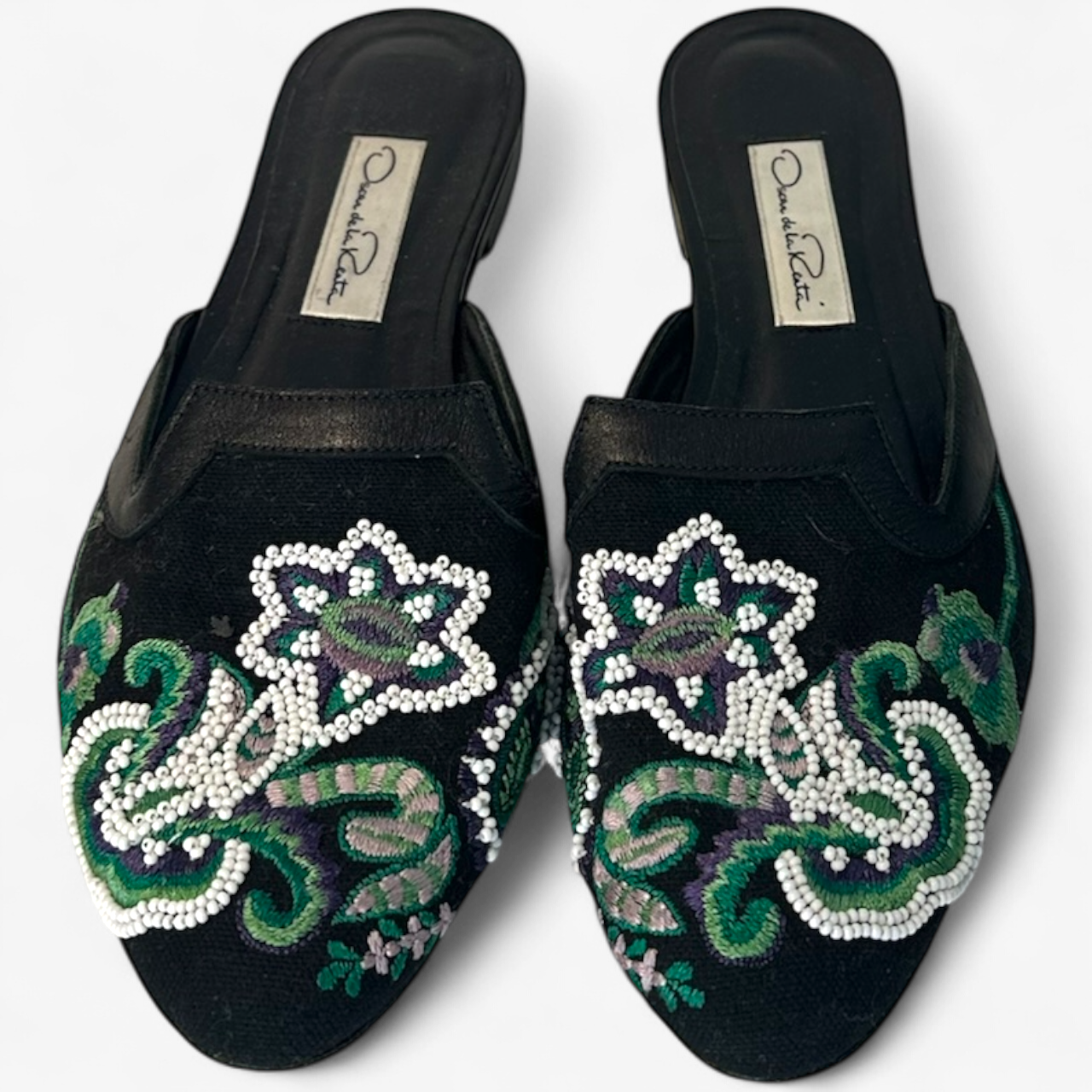 Oscar de la Renta Black/Green Bead Mules