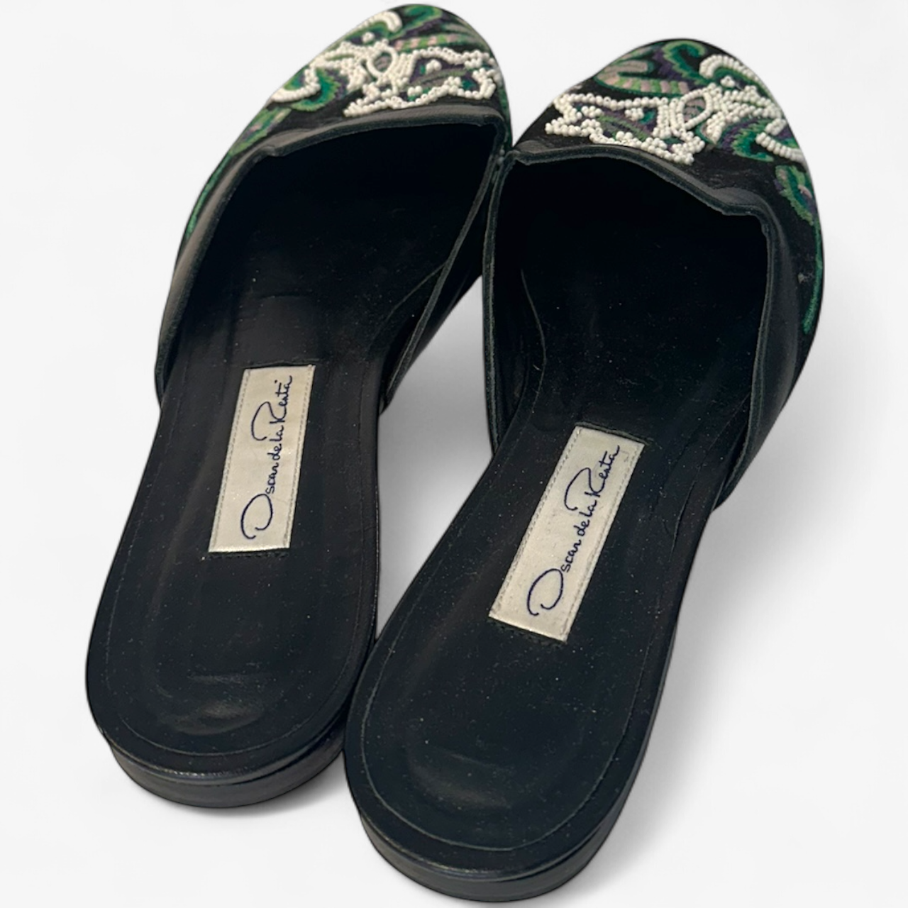 Oscar de la Renta Black/Green Bead Mules