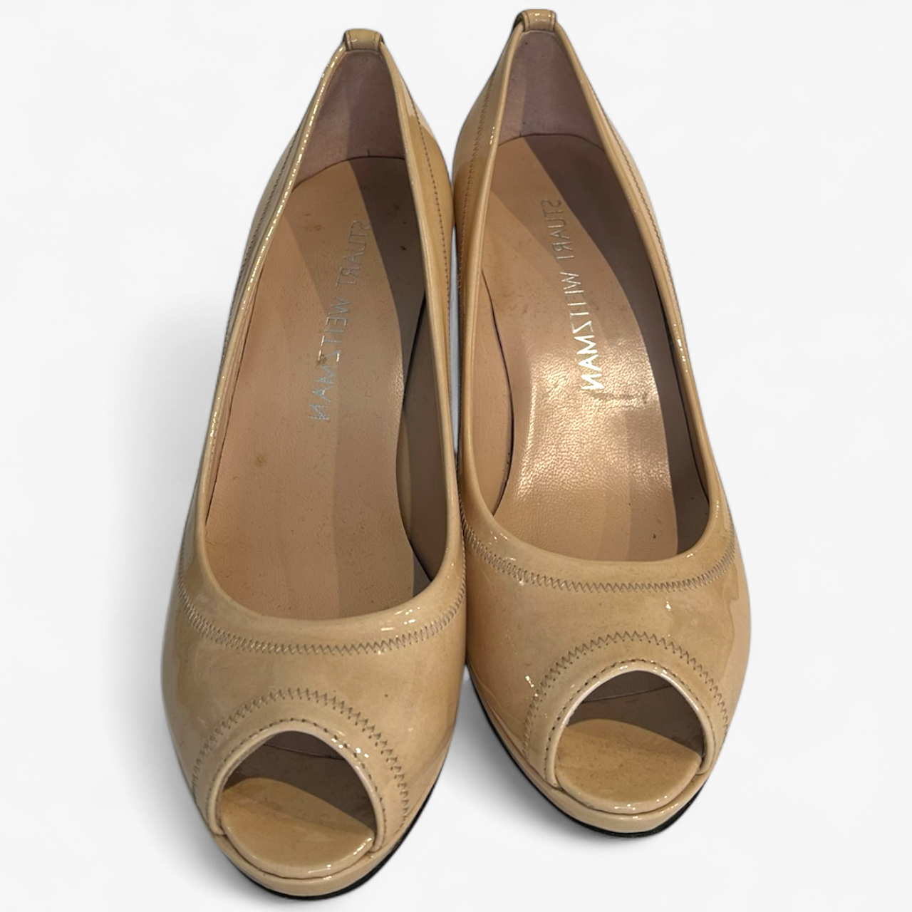 Stuart Weitzman Beige Patent Peep Toe Heels