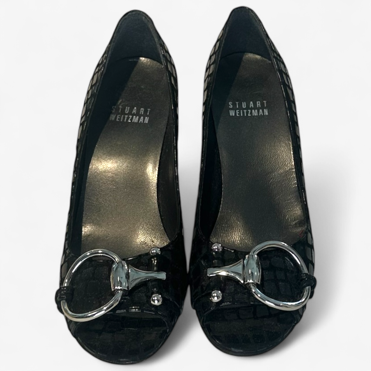 Stuart Weitzman Black Snake Skin Design Peep Toe Heels