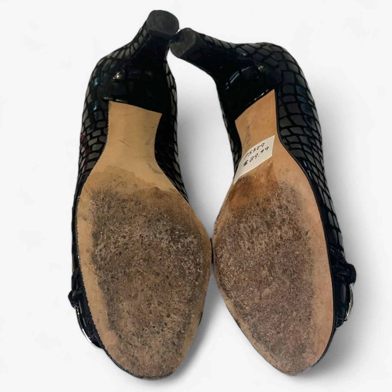 Stuart Weitzman Black Snake Skin Design Peep Toe Heels