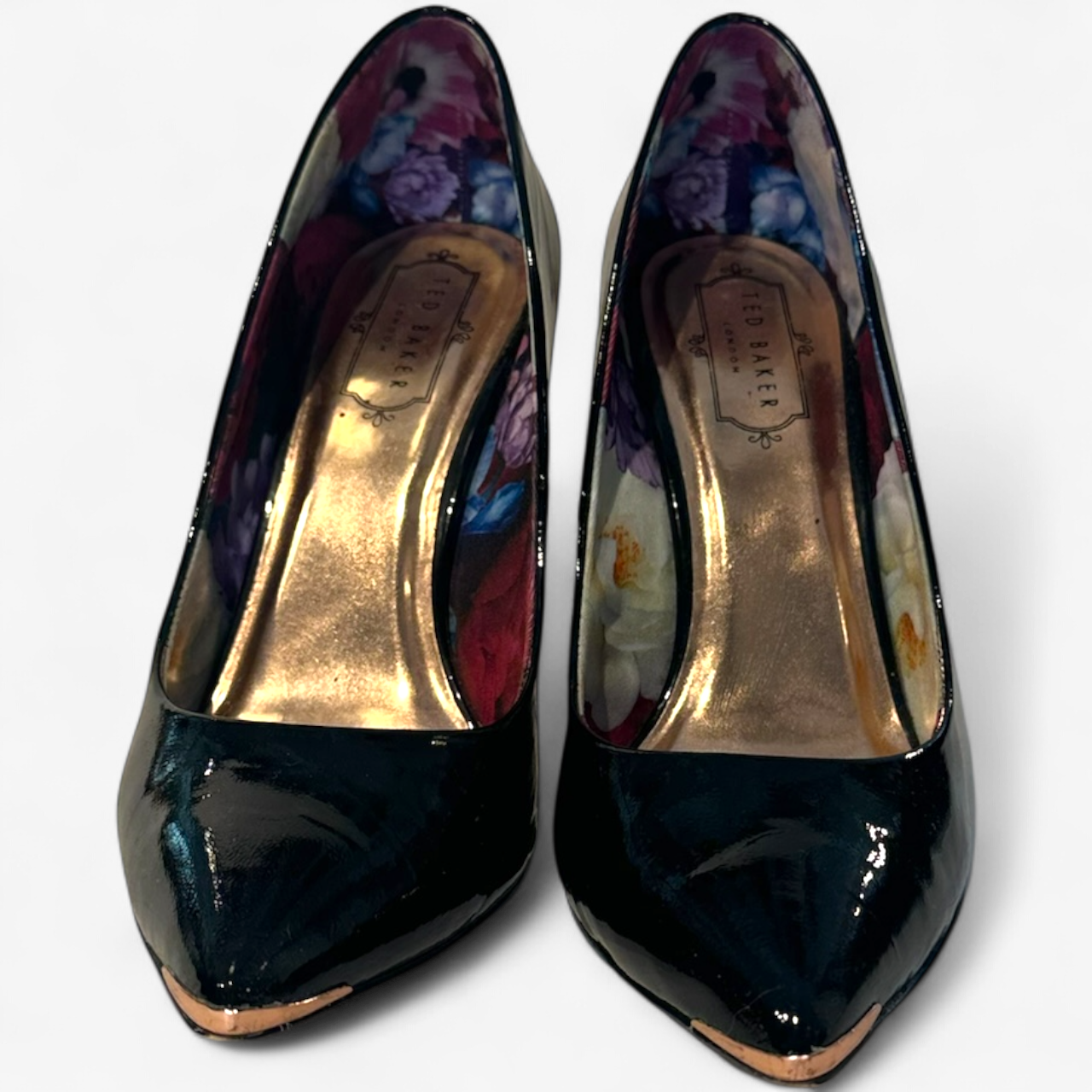 Ted Baker Black Patent Heels with Rose Gold Detail