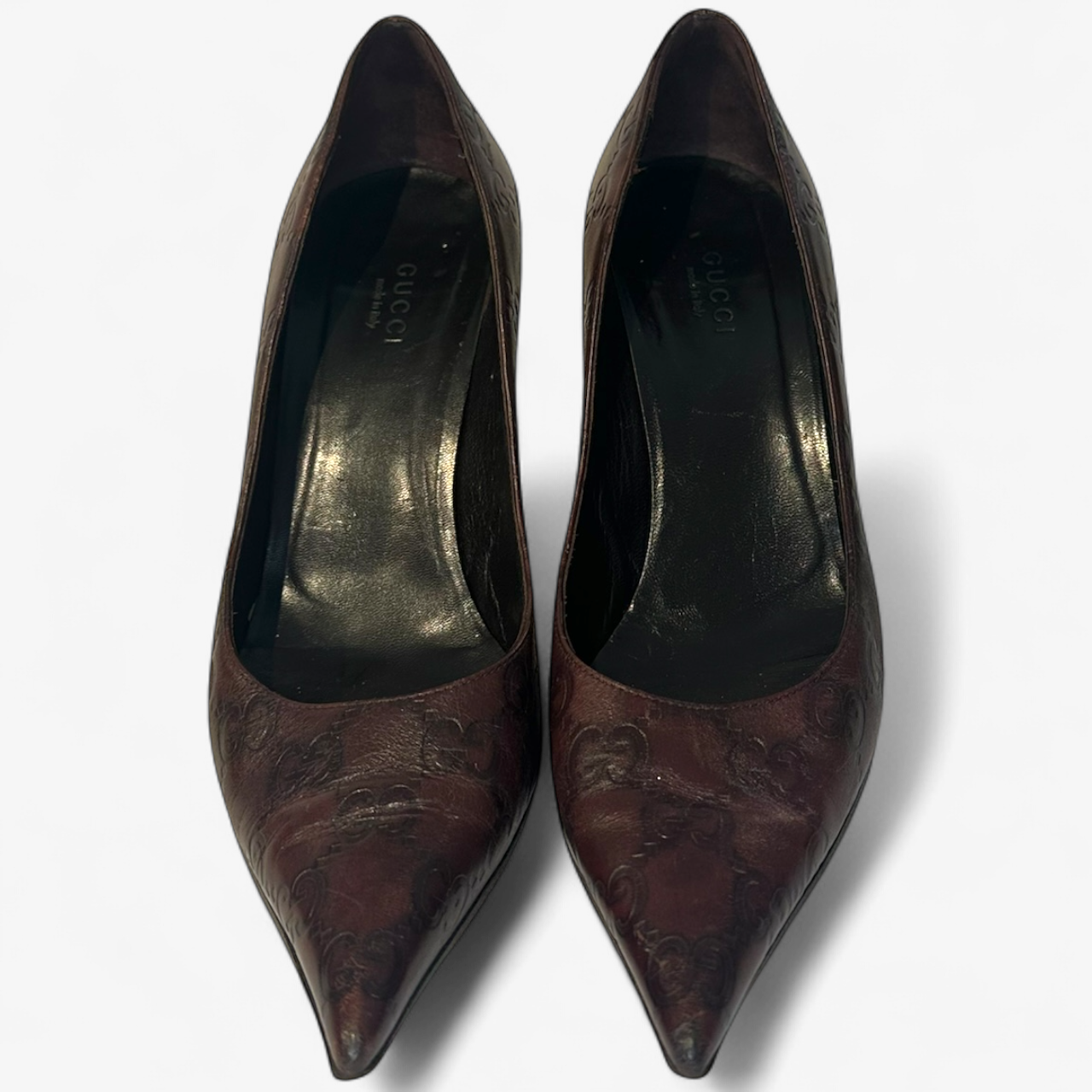 GUCCI Logo Brown Leather Heels