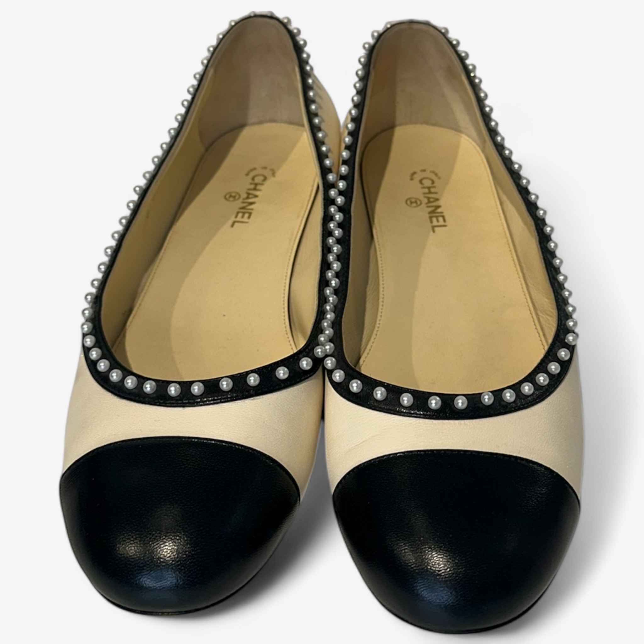 Chanel Cream/Black Leather Cap Flats - Pearl Detail
