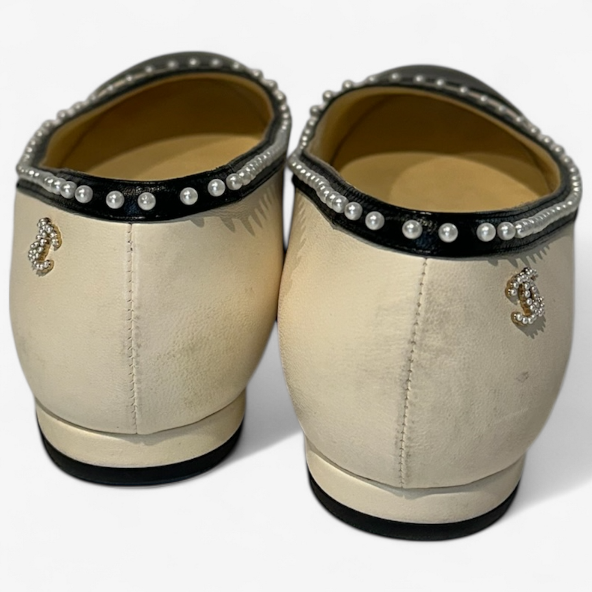 Chanel Cream/Black Leather Cap Flats - Pearl Detail