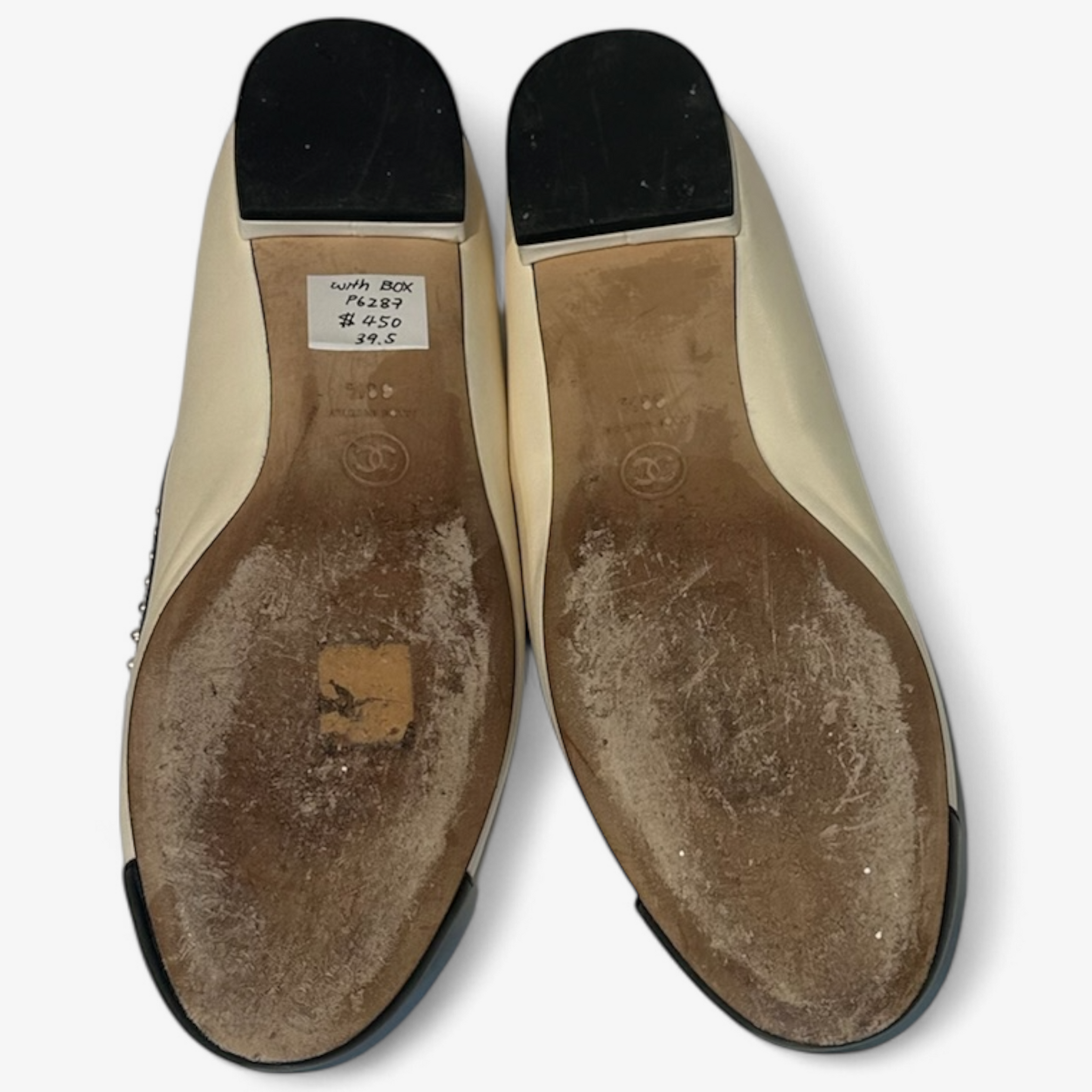 Chanel Cream/Black Leather Cap Flats - Pearl Detail