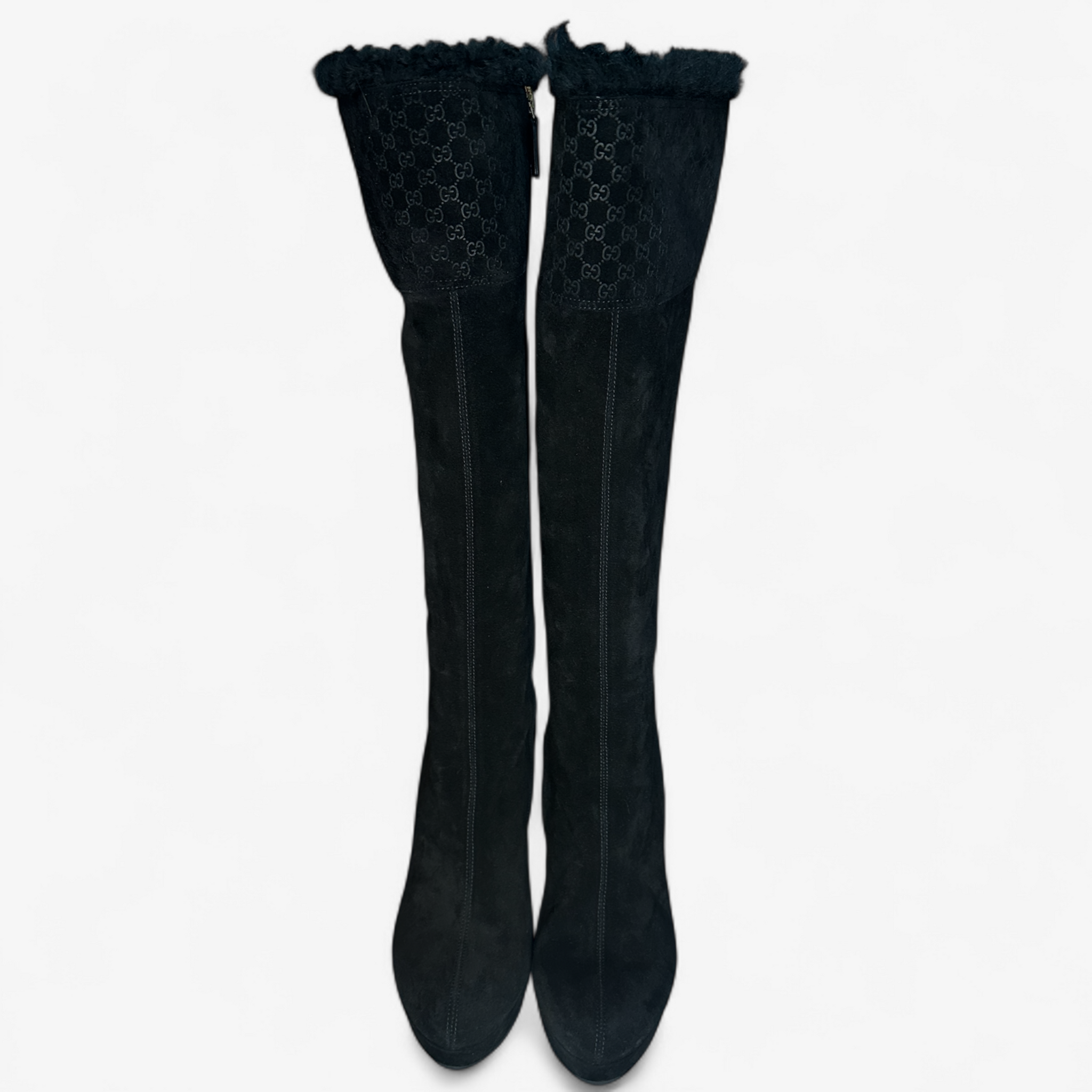 Gucci Microguccisima Black Suede Boots with Fur Trim