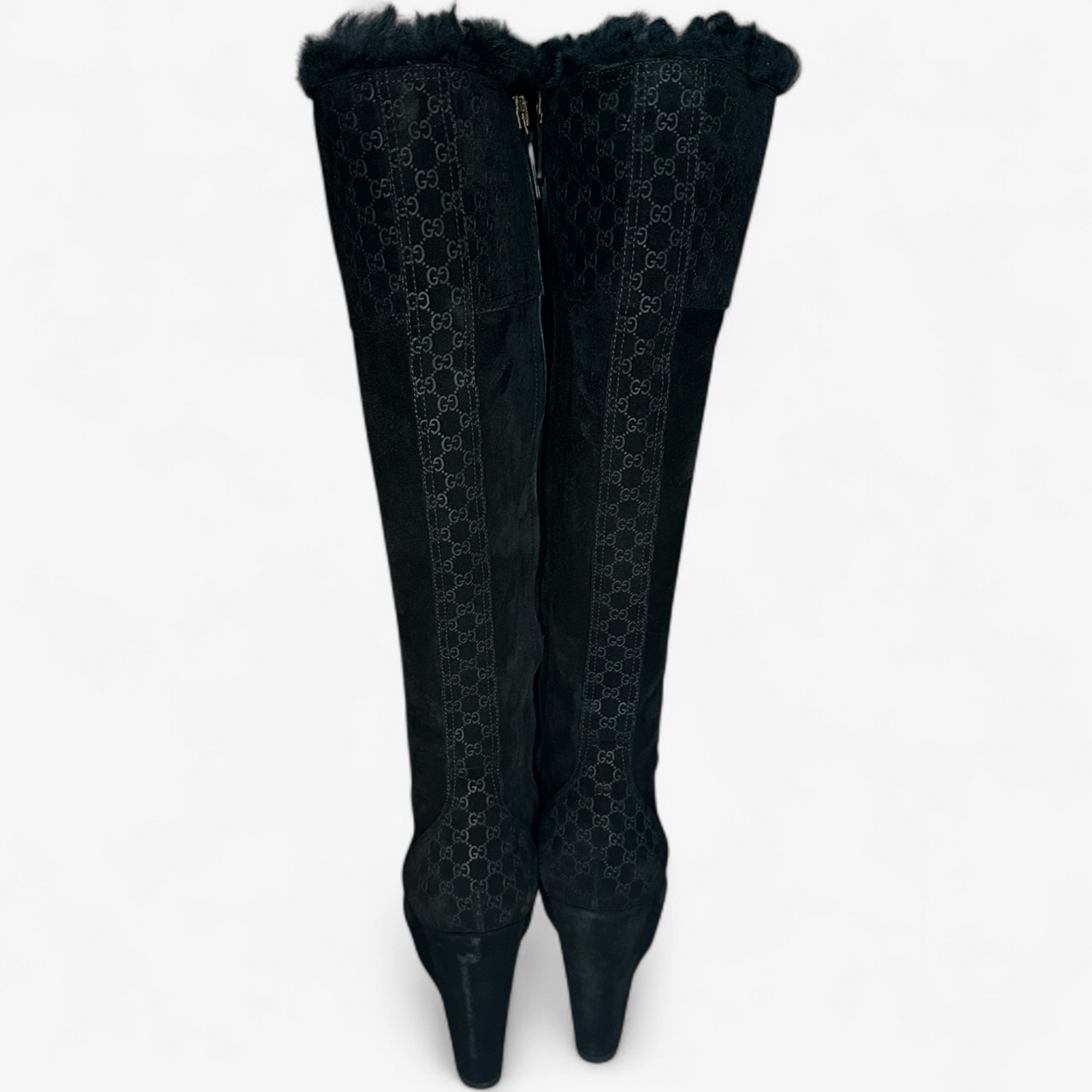 Gucci Microguccisima Black Suede Boots with Fur Trim