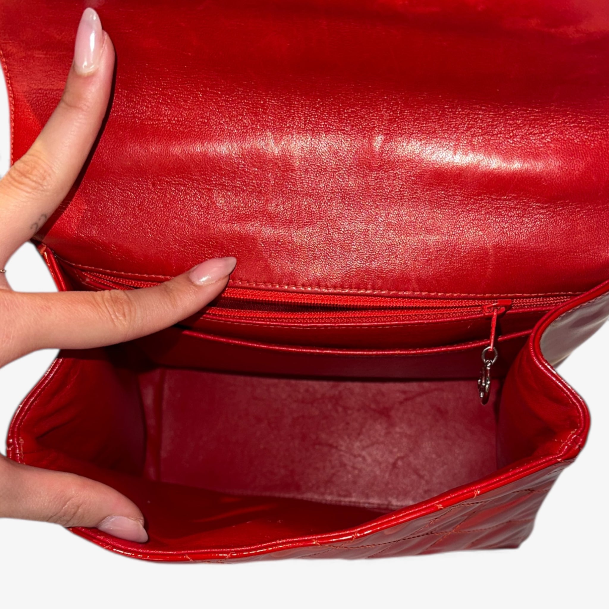 Chanel Patent Red Quilted Square Handbag - Silver Chain