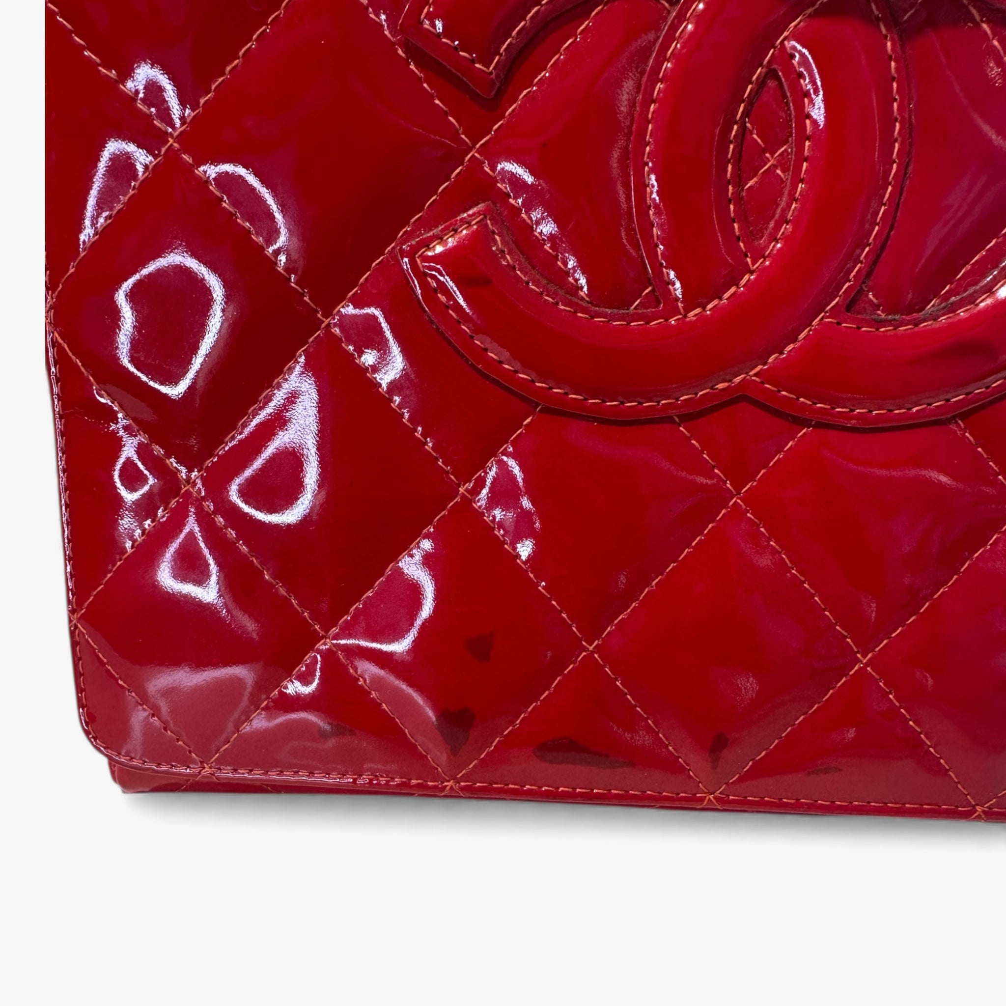 Chanel Patent Red Quilted Square Handbag - Silver Chain