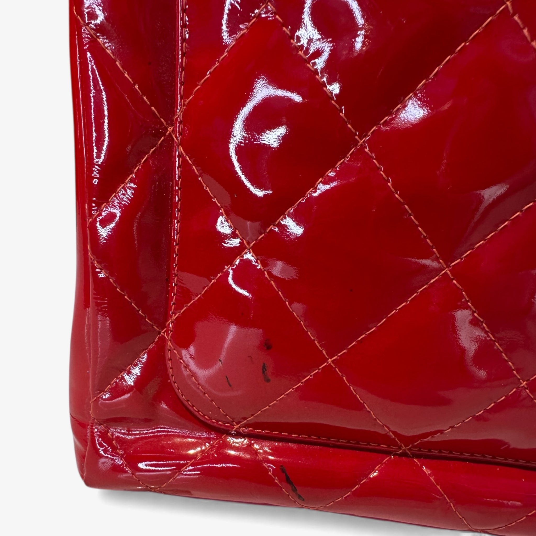 Chanel Patent Red Quilted Square Handbag - Silver Chain