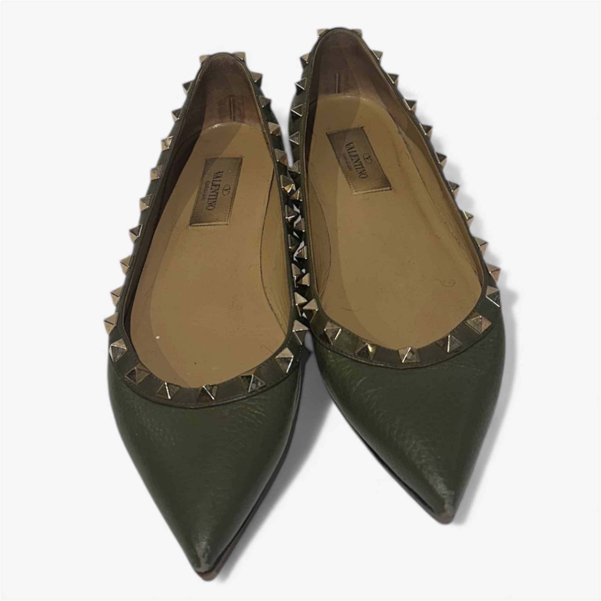 Valentino Olive Leather Rockstud Flats