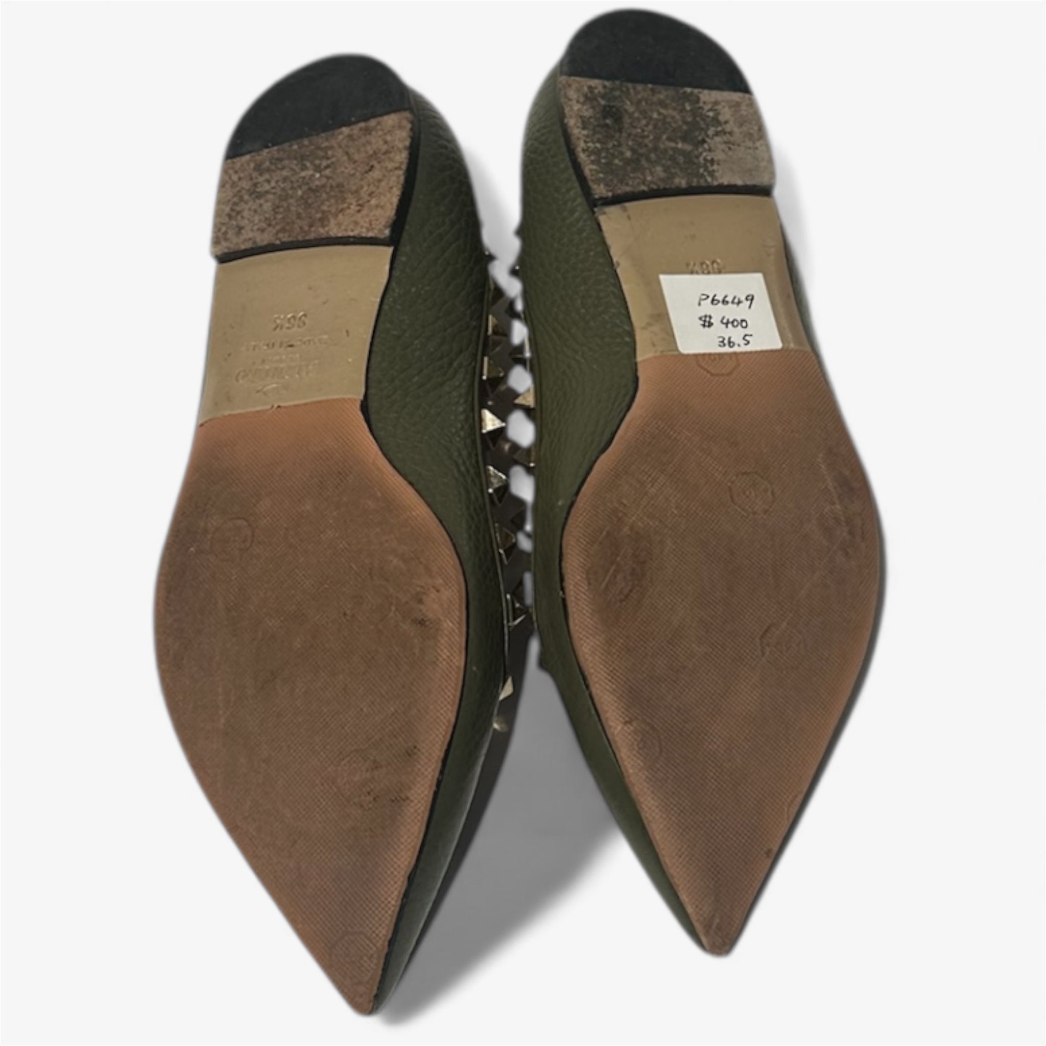 Valentino Olive Leather Rockstud Flats