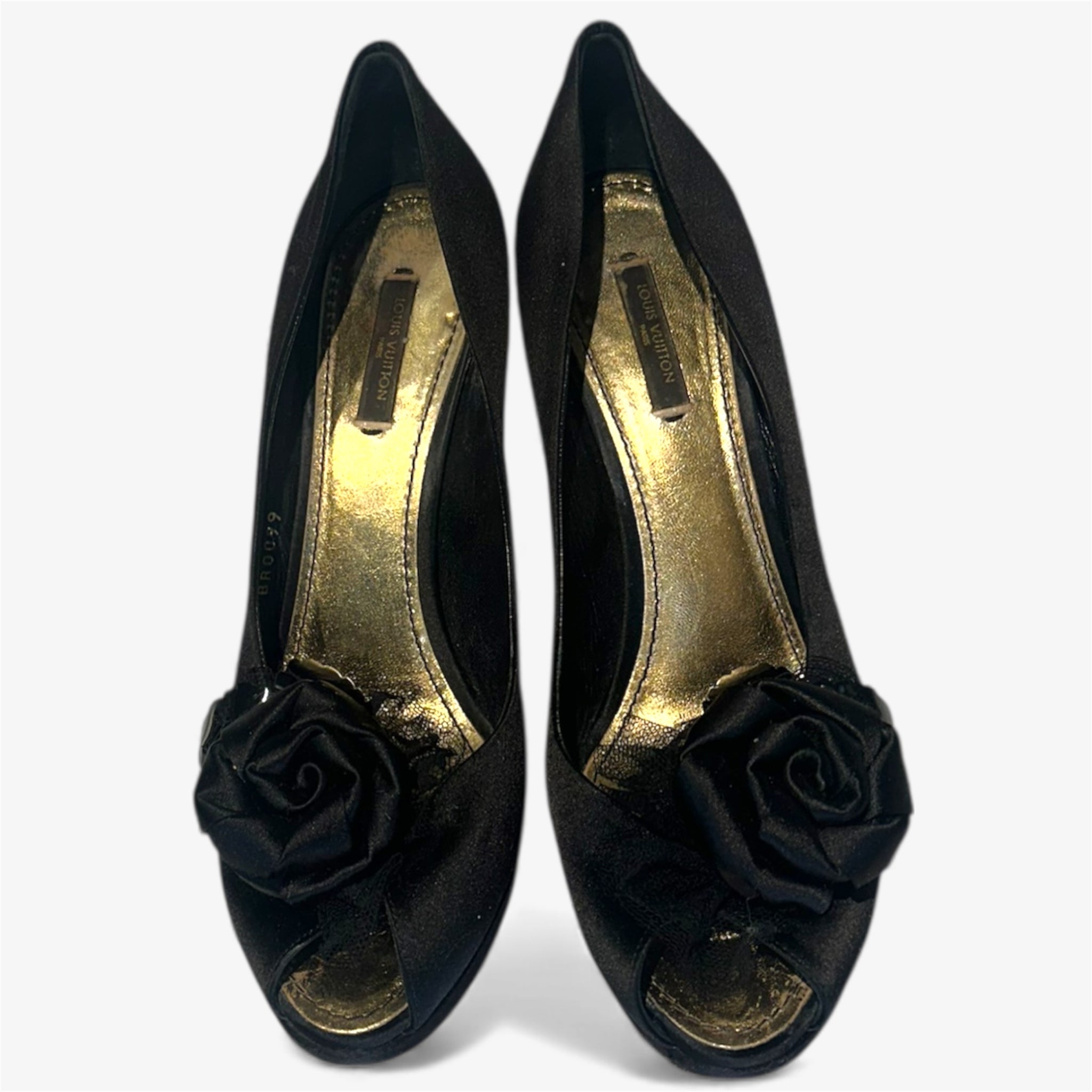Louis Vuitton Black Satin Peep-Toe Pump - Black Flower